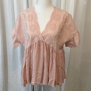 Umgee Size S Pink Eyelet V Neck Blouse Back Tie Empire Waist Flutter Sleeves